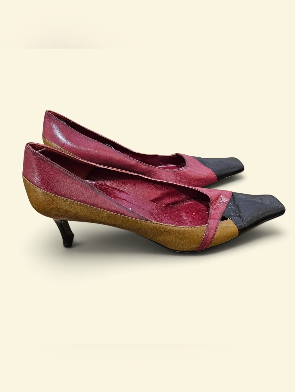 Gilardini Firenze two tone leather women shoes Square Long Toe Heels  Size 10